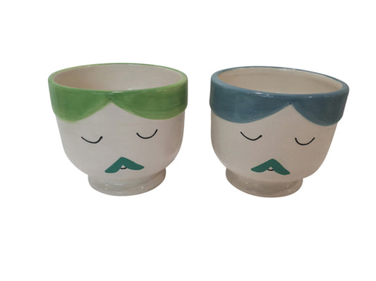 Set of 2 face pots green & blue