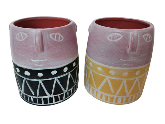 Set of 2 face design pots black & yellow terracotta