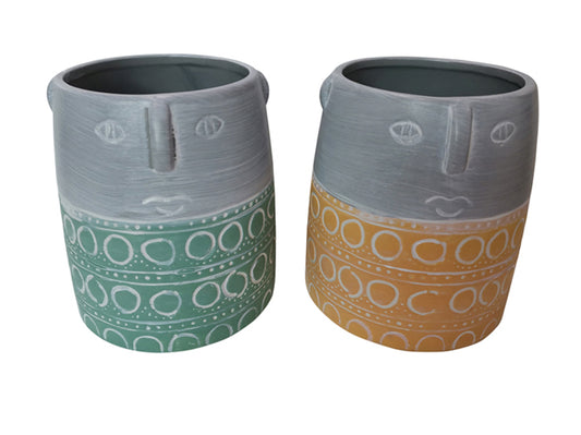 Set of 2 face design pots yellow & green