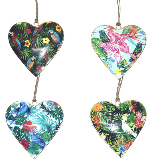 Set of 4 Hearts with Tropical Bird Design