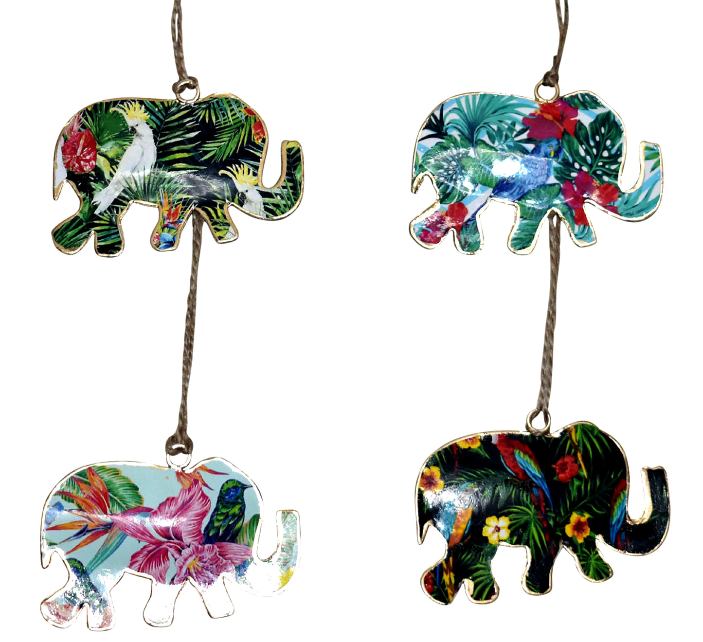 Set of 4 Elephants with Tropical Bird Design