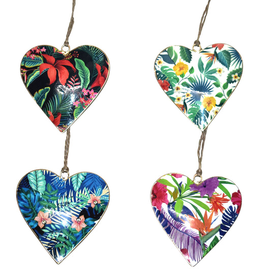 Set of 4 Hearts with Tropical Flower Design