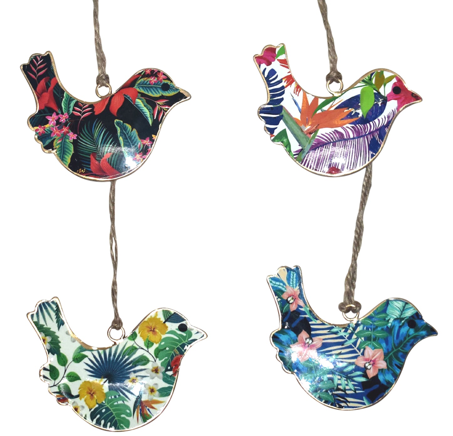 Set of 4 Birds with Tropical Flower Design