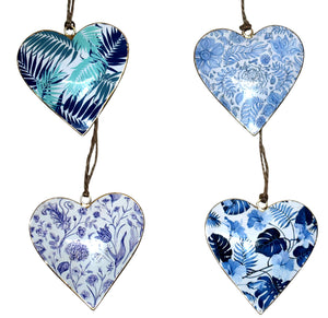 S/4 10 cm hearts in blue/white palm design
