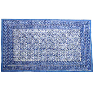 Blue floral cotton block print tablecloth 170x270cm