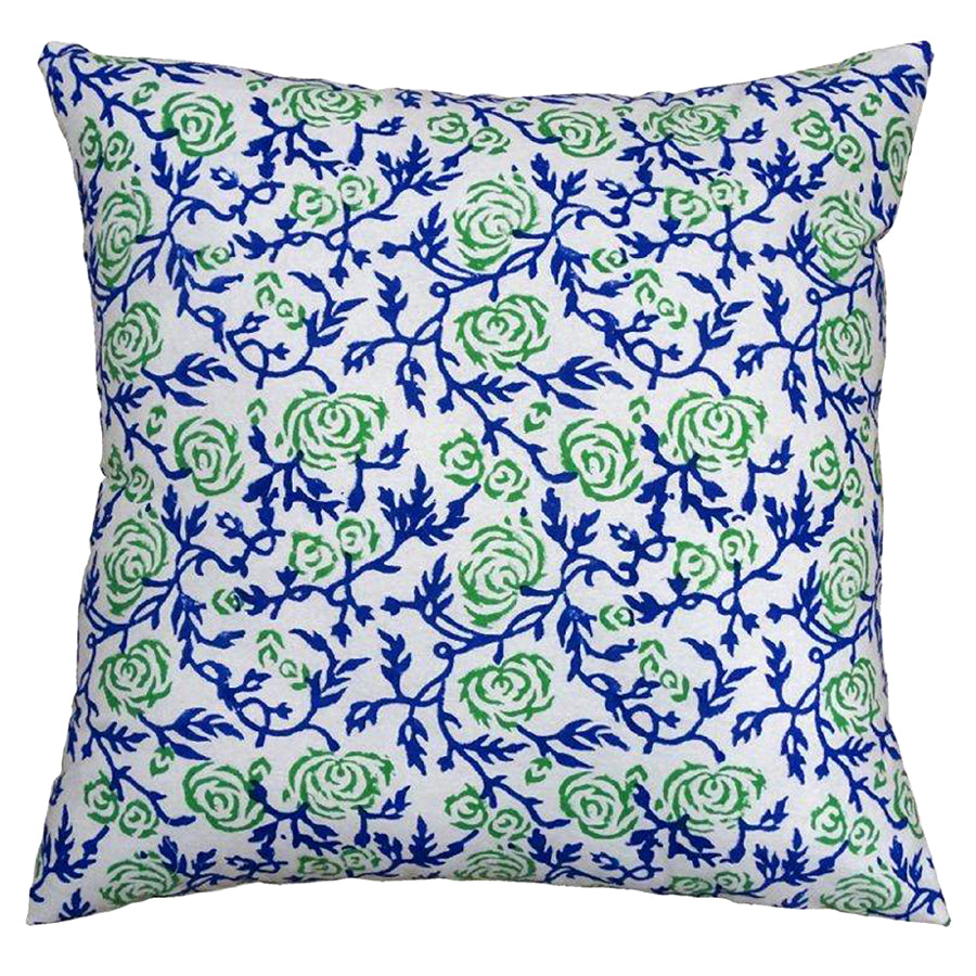 Blue/green floral cotton block print cushion cover 45x45 cm