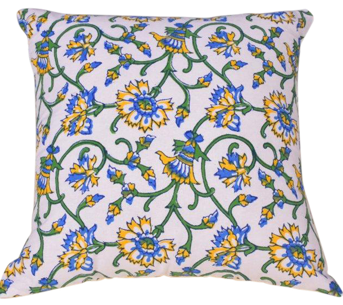 Blue/yellow block print cushion