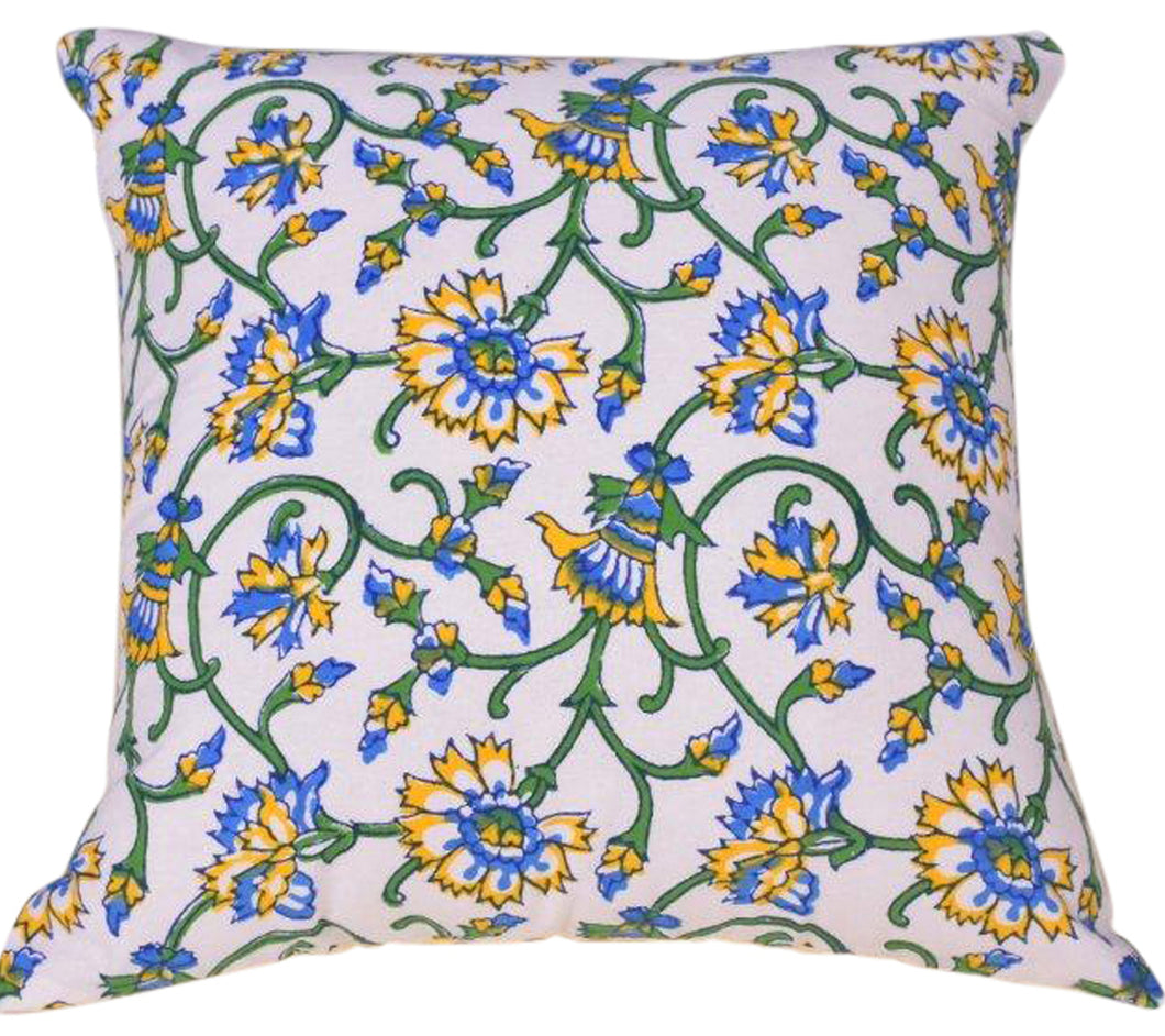 Blue/yellow block print cushion 45x45 cm
