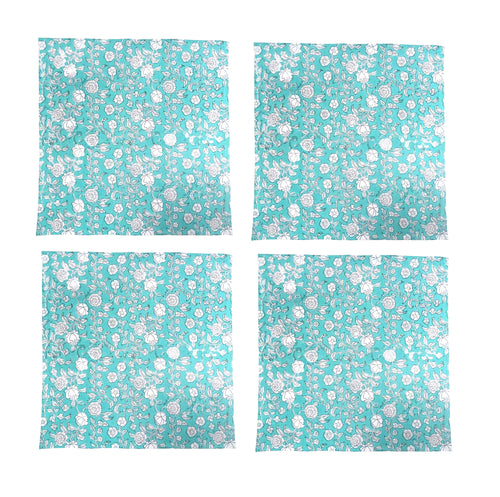 S/4 turquoise /white block print cotton napkins