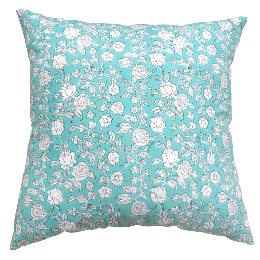 Turquoise/white cotton block print cushion cover