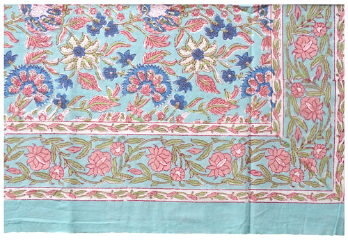 Turquoise /pink block printed cotton