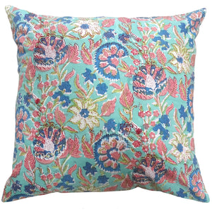 Turquoise /pink block printed cotton cushion cover