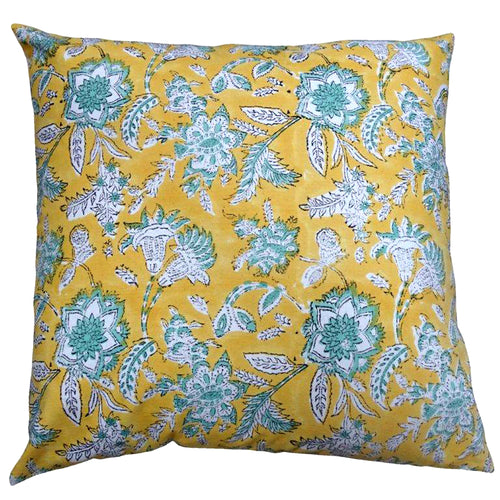 Yellow/turquoise block printed cushion cover