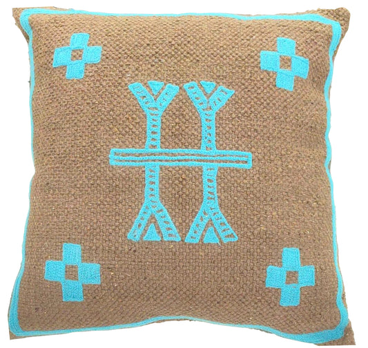 Light kilim brown cotton cushion turquoise embroidery