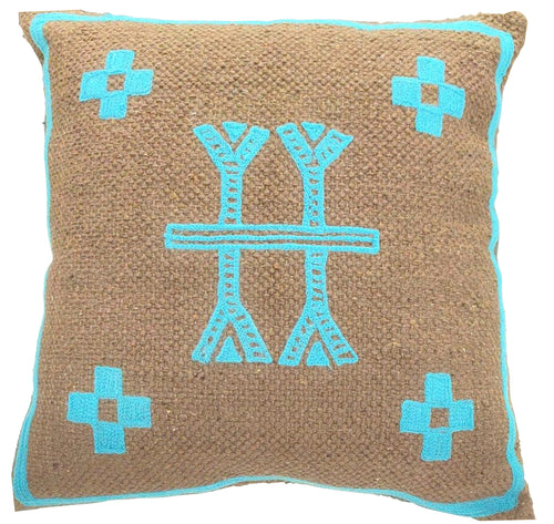 Light kilim brown cotton cushion turquoise embroidery 45x45 cm