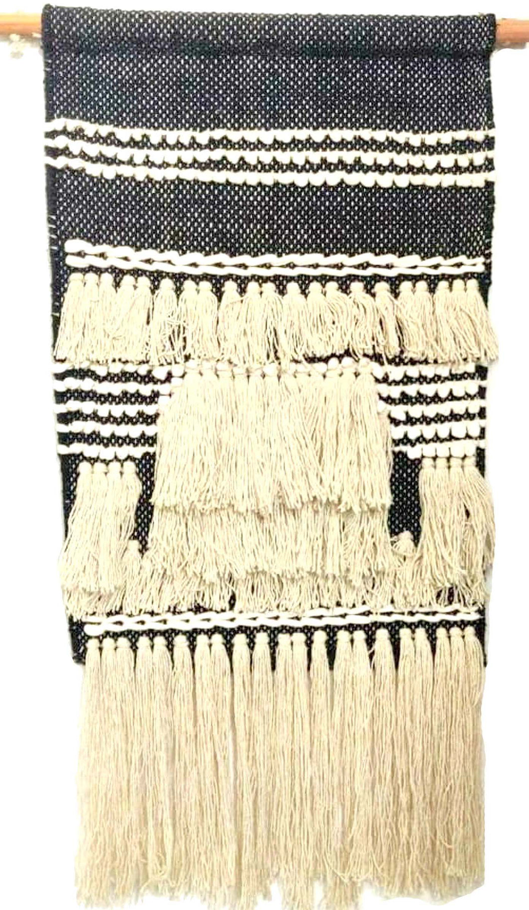 Black woven wall hangings with cream tassels 35 cm wide x 70 cm