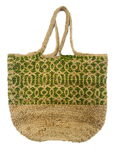Jute bag with light green block print design 53(w) x 33(h) cm