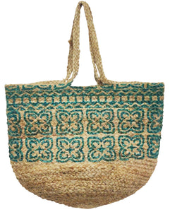 Jute bag with turquoise block print design 53(w) x 33(h) cm