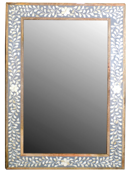 Rectangular Grey and White Floral Mirror with Bone Inlay