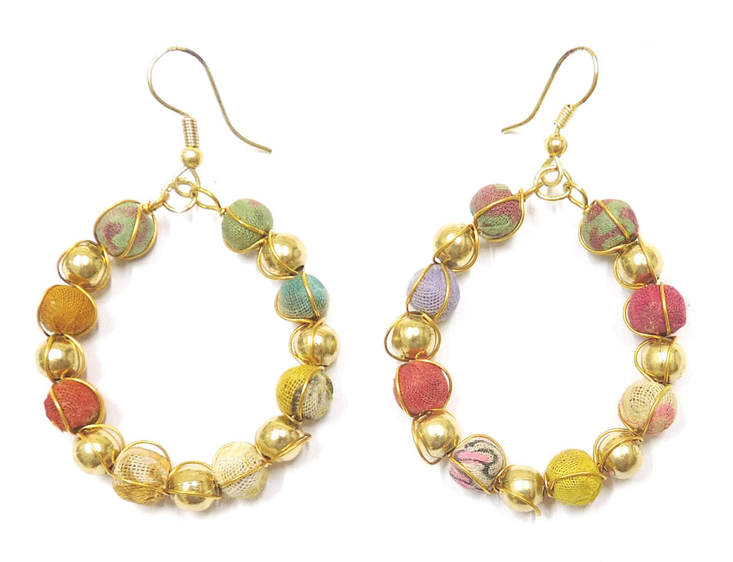 Recycled fabric bead earrings with brass overlay