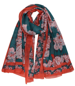 Teal/orange leaf design scarf