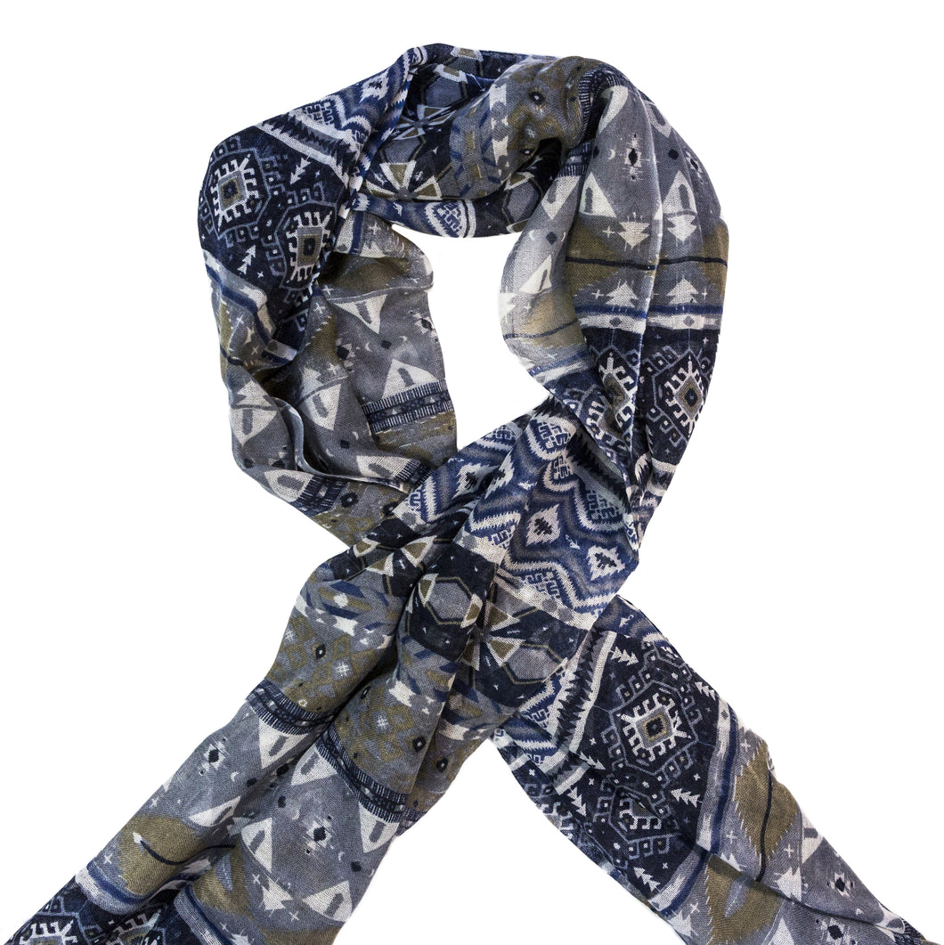 Bohemia and Co Wool Scarf Grey and Blue Aztec
