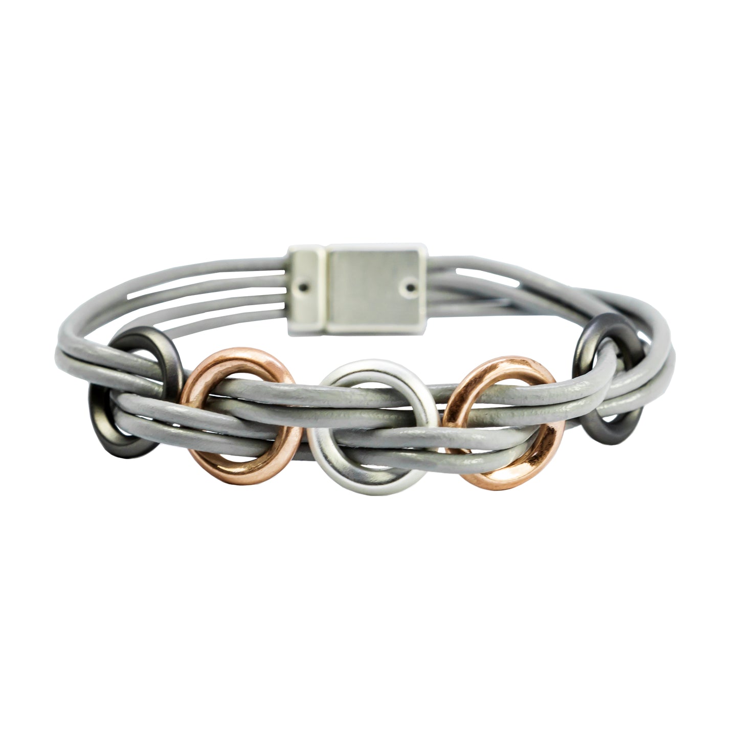 Bohemia Grey Leather Bracelet with Rose Gold and Silver Circles